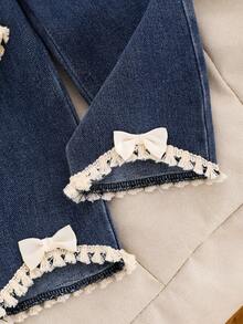 2pcs Baby Girl Bohemian Style Bowknot Ruffle Waffle Sleeveless Top And Tassel Bow Denim Long Pants Set - Apricot - View 7