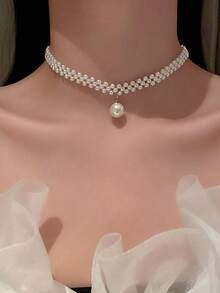 1 Set Women's Fashion Minimalist Elegant Silver Crystal Bow Faux Pearl Braided Necklace And Earrings Set, Stylish Luxury Design Suitable For Weddings, Parties And Daily Wear - White - View 2