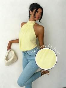 Áo kiểu nữ màu trơn mới, chất liệu chiffon hai lớp, không tay, cổ yếm, thanh lịch, thích hợp đi làm, đi nghỉ mát, đi biển, du lịch mùa hè. - Màu vàng - Xem 2