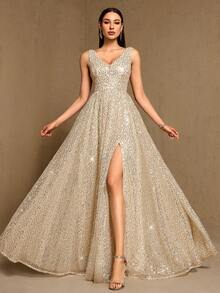 Đầm dạ hội thanh lịch đính sequin cổ chữ A xẻ cao, cổ chữ V dành cho nữ, thích hợp cho các dịp trang trọng như đám cưới, lễ tốt nghiệp, tiệc tùng. - Rượu sâm banh - Xem 6