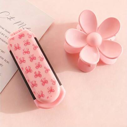 1-2pcs Foldable Comb & Hair Clip Set, Floral Print, Portable Folding Comb, Butterfly & Heart Design Hair Clips, Women Pocket Comb, Travel Comb, Flower Shaped Hair Clips, Ponytail Clips