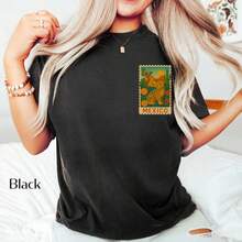 Camisa de viaje a México |   Camiseta con ilustración de sello vintage de México |   Jaguar, Diseño de Pirámide y Floral para Viajeros - Blanco y negro(no personalizable) - Ver 4