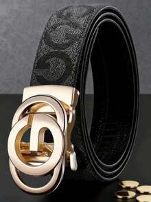 男士时尚百搭字母金色自动扣皮带 - 黑色仿皮，压纹设计，皮革质感，商务或休闲场合的完美节日礼物 - 彩色 - 查看 5