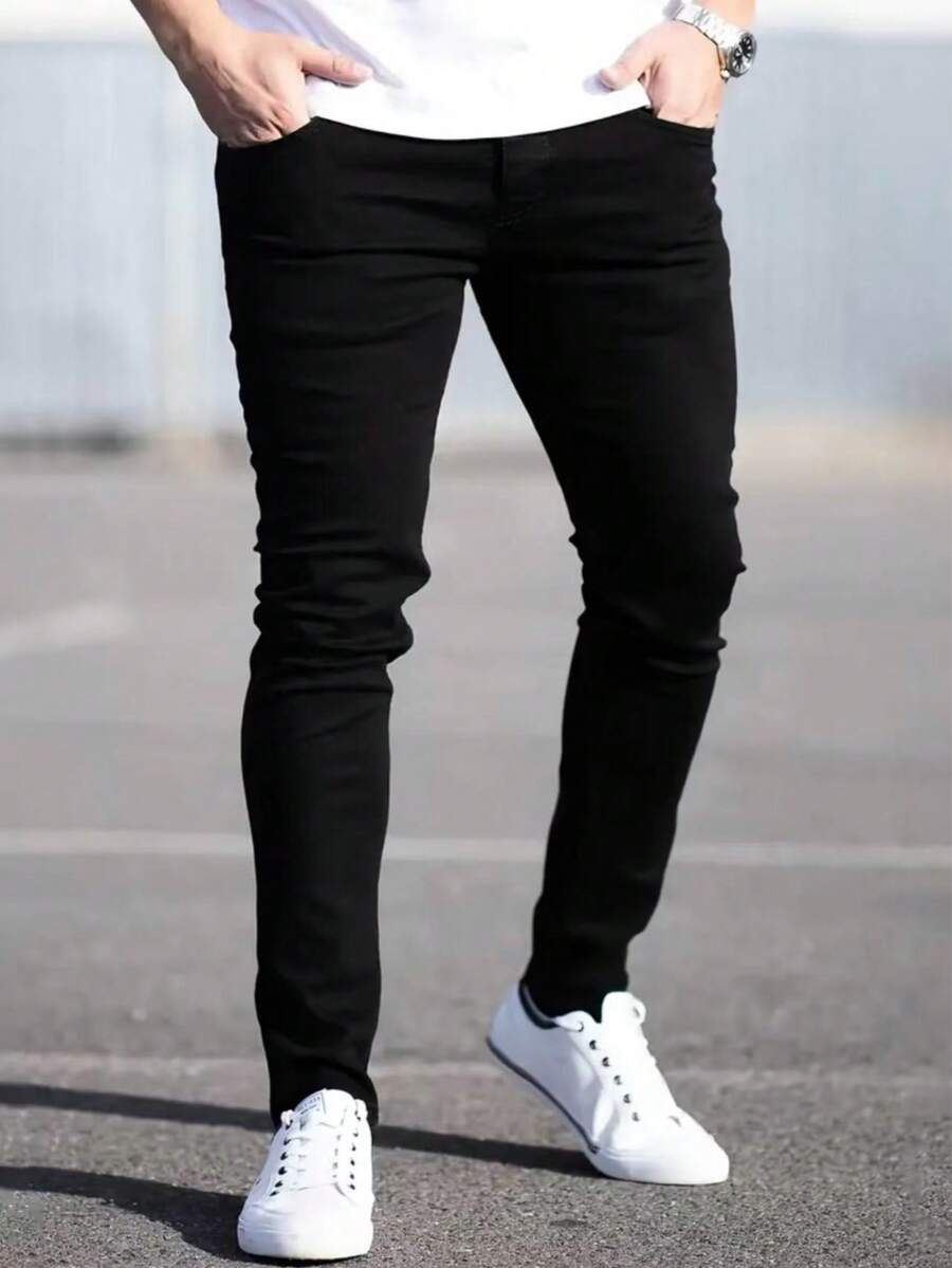 Jeans ajustados de color negro sólido elásticos para adolescentes, pantalones de mezclilla de corte slim para adolescentes - Negro - Ver 1