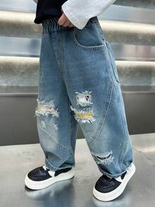 男童做旧水洗宽松直筒牛仔裤,休闲户外长裤,春季款 - 淺藍色 - 查看 6