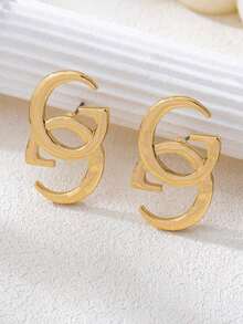 1 Pair Geometric Fashionable Letter Stud Earrings, Suitable For Daily Wear - Yellow Gold - View 2