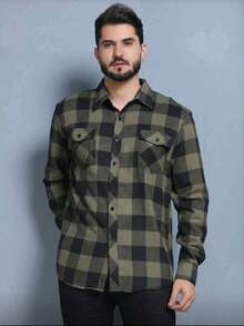 Men's Long-Sleeved Plaid Flannel Dress Shirt, Regular Fit, Buttons Down The Front, With Pocket. - xanh quân đội - Xem 5