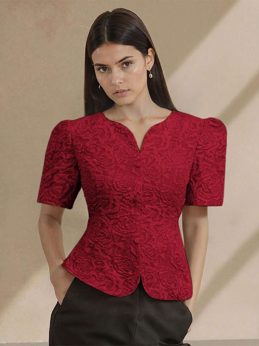 Áo kiểu peplum hiện đại kiểu Philippines của Aimileehuo, áo khoác ngắn tay cánh bướm xếp nếp kiểu Philippines thanh lịch dành cho nữ, áo tay phồng, áo đỏ. - Đỏ - Xem 1