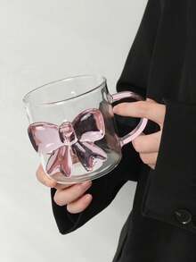 1pc Ins Style Three-Dimensional Pink Bow Transparent Glass Cup, Cute Girly Heart Handle Heat-Resistant Coffee Cup Breakfast Cup, Home Office Internet Celebrity Water Cup - Multicolor - View 3