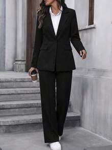 女士纯色长袖西装套装（外套和裤子两件套），适合办公室工作和通勤，黑色 - 黑色 - 查看 1