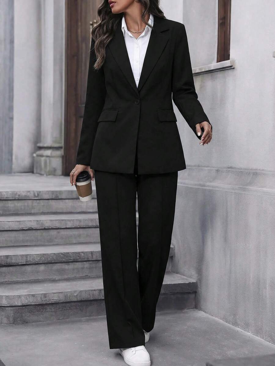 女士纯色长袖西装套装（外套和裤子两件套），适合办公室工作和通勤，黑色 - 黑色 - 查看 1