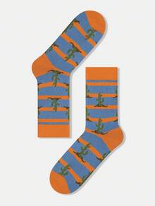 1/4 双男女通用情侣撞色卡通煎蛋、胡萝卜、仙人掌、山树图案艺术设计精梳棉中筒袜，适合旅行、居家、办公、节日礼物 - 彩色 - 查看 14