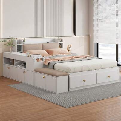 Solid Wood Combination Bed 140*200cm, Headboard With Built-In Storage Compartment, With Drawers, With Bedside Table, With Storage Wardrobe, With Sofa Bench, Storage Bed Double Bed Storage Bed Tatami Bed, White