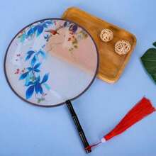 2 Pack Chinese Round Fan Ancient Hand Fans Translucent Silk Hand Held Fans Vintage Double-Sided Pattern Pink Blue Traditional Palace Paddle Dance Fan For Wedding Favor Gift Home Decor - 藍色 - 查看 6