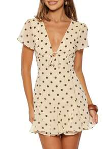 Women's Cute Vacation Vintage Polka Dots Deep V Neck Halter Dress Ruffle Backless Sleeveless A Line Mini Dresses - White - View 4