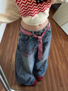 1pc Red Tie/Belt, JK Uniform Tie For Women, School Style Waist Belt, Perfect Accessory For Sailor Uniform. Featuring A Slim Striped Design, Suitable For Casual Wear, Weekend Outings, Dates, Campus Trips, Street Photography, And More. A Fashionable And Versatile Accessory, Also An Ideal Choice For Christmas Decoration. - Multicolor - View 7