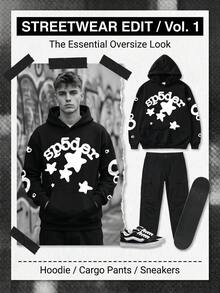 1pcs-Spider Wed Fashion Hip-Hop Printed Flower Hooide European And American Brand Large-Sized Loose Men's And Women's Hooded-280g Pure Heavy 100%Polyester - Black - View 10