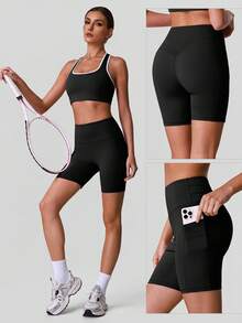 Sodalemon Women's Elastic Waist Yoga Shorts With Side Pockets, Butt Lifting, Solid Color, Suitable For Fitness, Outdoor Casual Sports - Black - View 8