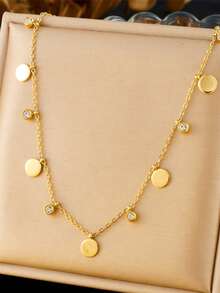 1pc Minimalist Square Stainless Steel & Cubic Zirconia Crystal Necklace, Fashion Jewelry Set, Suitable For Daily Wear, Unique Gift For Women - Yellow Gold - View 12