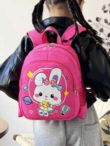 1pc Cartoon Rabbit Print + Nylon Backpack, Zipper Closure, Cute Style, Suitable For School, Travel, All Seasons - Hot Pink - View 8