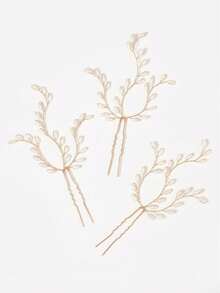 3pcs Pearl Decor Branch Design Hair Clips, Elegant Gold Bridal Wedding Hair Accessories - Gold - View 7
