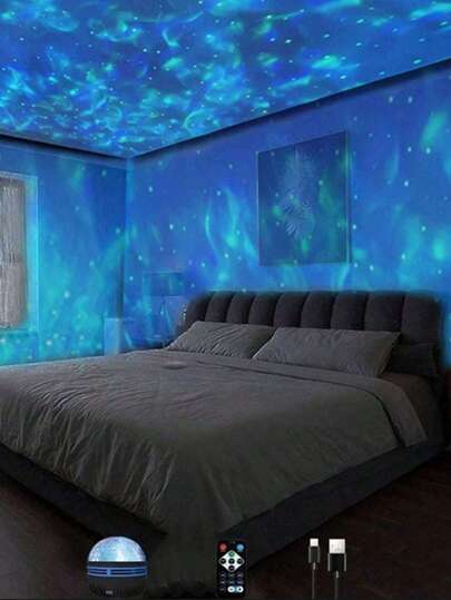 1个LED星空投影灯：波浪旋转星空投影灯 - 浪漫卧室装饰、派对装饰、圣诞礼物、情人节礼物、婚礼礼物、生日派对礼物