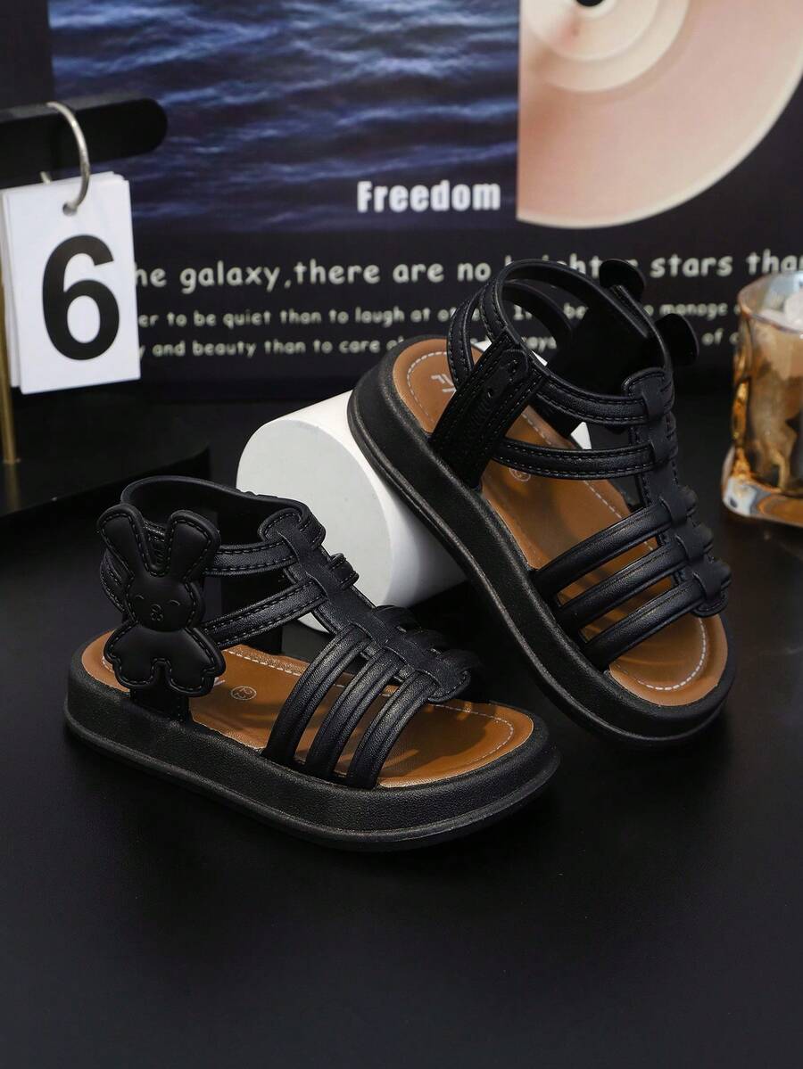 1 Pair Baby Girls' Roman Princess Style Sandals, Toddler Girls' High-Top Princess Sandals, Fashionable, Soft-Soled, Cute, Versatile, Rabbit Design, Suitable For Hiking, Roman Sandals, Summer - Black - View 1