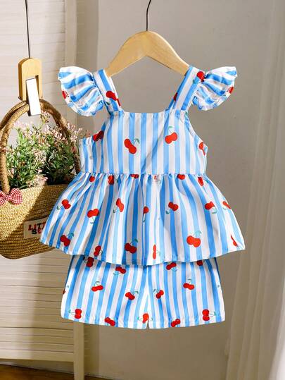 2pcs Baby/Baby GirlCasual Cute Cherry Doodle & Blue/White Striped Camisole Top And Shorts Set, Summer