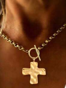 1pc Minimalist Fashionable Gold/Silver Hammered Thick Cross Pendant Necklace, With T-Clasp And Stainless Steel Chain, For Women - cross - View 1