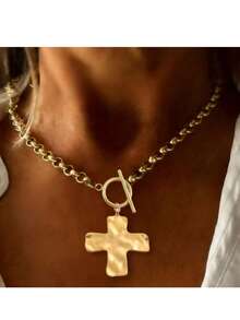 1件简约时尚金/银锤纹粗十字架吊坠项链，配T形扣，女士款 - 十字架 - 查看 3