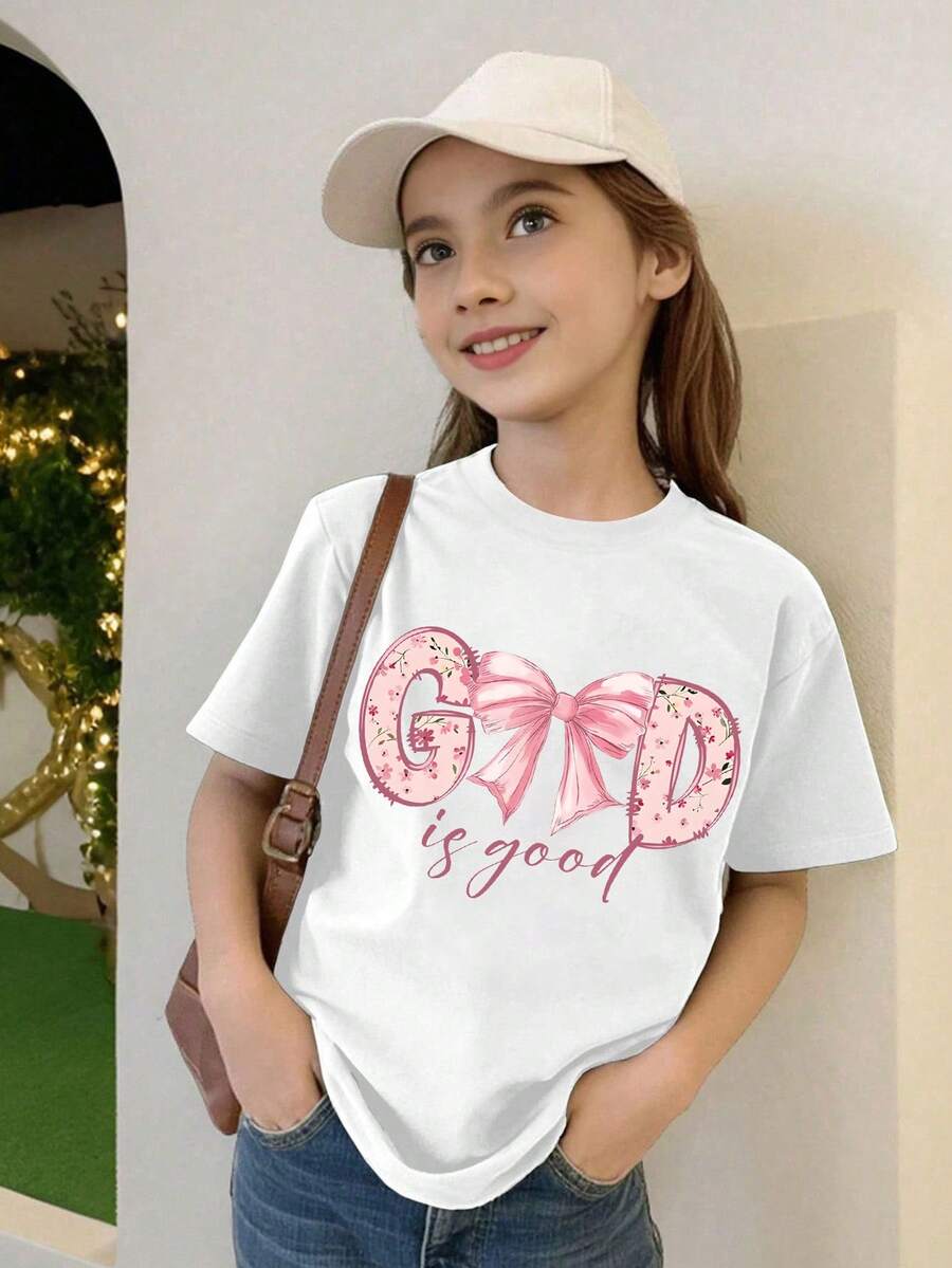 Tween Girl 休闲简约粉色蝴蝶结和标语印花圆领短袖 T 恤,全新春夏系列 - 白色 - 查看 1