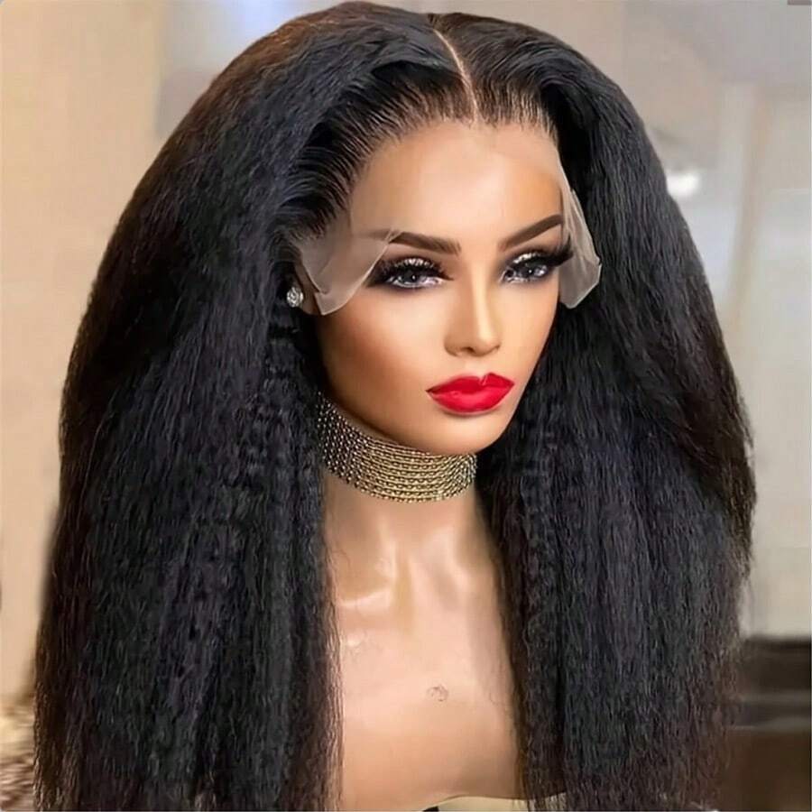 ZHUICHAO Women's Black Yaki Straight WIth Pre-Plucked Bady Hair Wig Brazilian Virgin Human Blended Hair Wig 13x4 Large Area HD Transparent Lace Front Weaves Wigs 180% Density WIth Pre-Plucked Bady Hair Kinky Straight Lace Frontal Wig For Women Pre-Bleached - 1B# - View 1