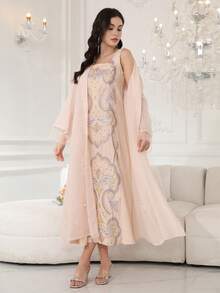 2026 New Style Elegant Embroidered Beaded Arabic Women's Dress, Jalabia Dress With Square Neck, Long Sleeve, Pink Outerwear, Fashion Fresh Ladylike - Pink - View 7