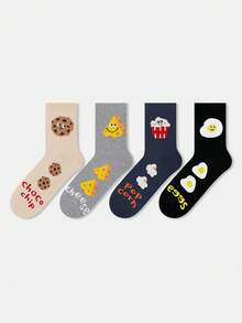 1/4 Pair Unisex Cartoon Illustration Cookies, Popcorn, Fried Egg Pattern Personalized Artistic Design Combed Sports Mid-Calf Socks, Suitable For Travel, Home, Office, Holiday Gifts - Multicolor - View 1