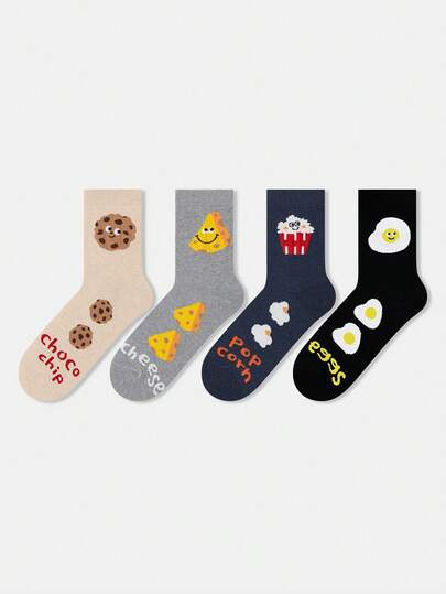 1/4 Pair Unisex Cartoon Illustration Cookies, Popcorn, Fried Egg Pattern Personalized Artistic Design Combed Sports Mid-Calf Socks, Suitable For Travel, Home, Office, Holiday Gifts