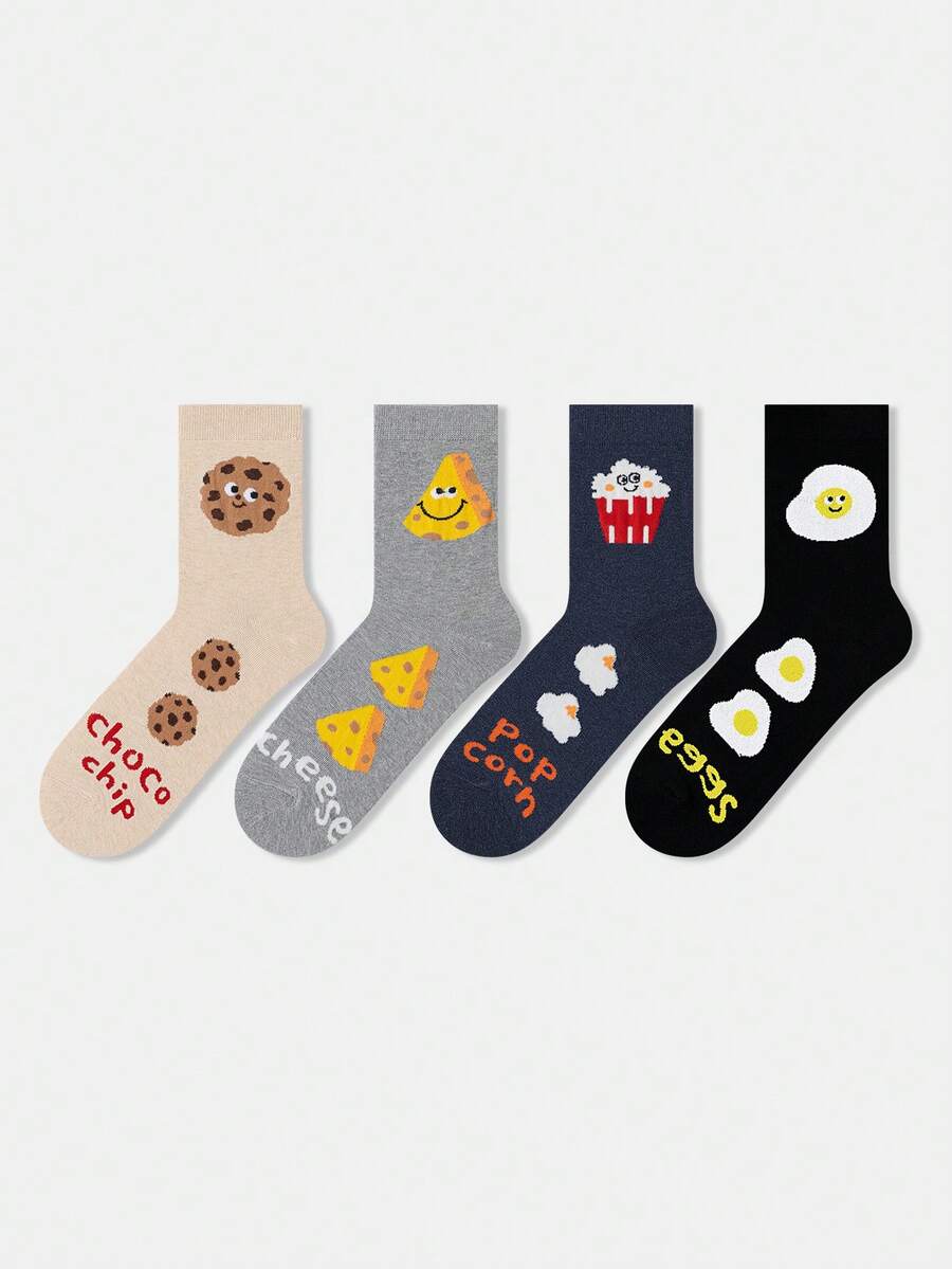 1/4 Pair Unisex Cartoon Illustration Cookies, Popcorn, Fried Egg Pattern Personalized Artistic Design Combed Sports Mid-Calf Socks, Suitable For Travel, Home, Office, Holiday Gifts - Multicolor - View 1