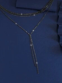 1pc Fashionable Design With Black Full Diamond Multi-Layer Versatile Necklace, Stylish Long Tassel Necklace Design, Including Necklace Suitable For Parties, Evening Parties, Women's Daily Wear, Valentine's Day Gifts, And Weddings - Rhinestone Y Necklace - View 8