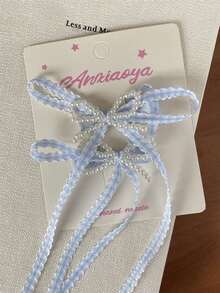 2pcs/Set Girls Sweet Cute Pearl Bow Long Ribbon Hair Clips & Minimalist Duck Clip Hair Accessories - Multicolor - View 7