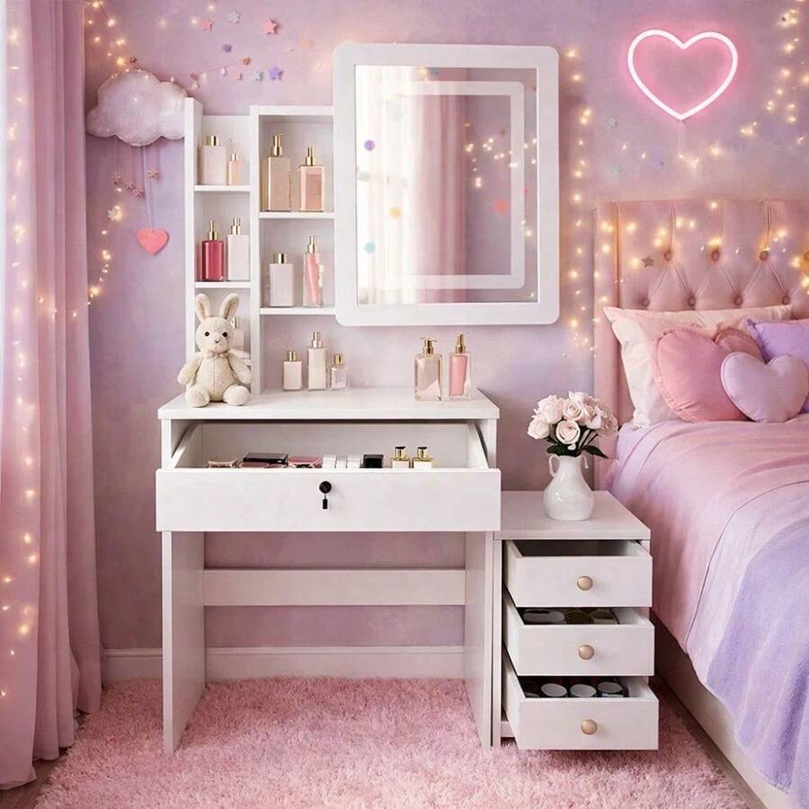 Makeup Vanity Desk With Mirror And Lights, Vanity Table With LED Lighted Mirror & Nightstand, Dressing Table, Large Storage Drawer & Cabinet For Bedroom - 白色 - 查看 1