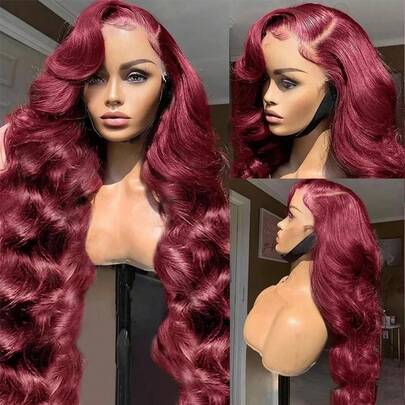 200 Density 26 Inch 13X4 Burgundy 99j Red Color Body Wave Transparent Lace Front Human Frontal Hair Wigs Hair With Baby Hair Body Waves Perfect For Daily Wear Natural Looking Soft For Women's Long Fashionable Blended Hair Wig (Length: 8-34 Inches)