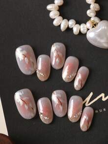 10片亚克力按压式美甲，粉色腮红白色叶子闪光钻石短款假指甲，人造指甲套装，包含1张粘合贴片和1个迷你指甲锉。 - 彩色 - 查看 2