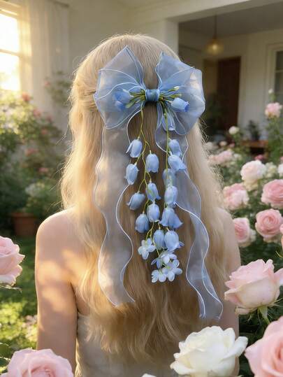 1pc Lily Of The Valley & Tulip Hair Clip With Extra Large Chiffon Bow - Elegant & Ethereal Hair Accessory, Perfect For Spring/Summer Vacation, Hair Slide, Hair Barrettes, Hair Accessories For Women, Head Accessories