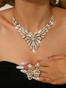 3件套奢华婚礼派对女士礼服水钻装饰珠宝时尚闪亮项链耳环套装，舞会礼服珠宝配饰 - 金色 - 查看 5