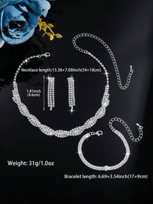 4-Piece Shiny Crystal Rectangular Necklace And Earring Jewelry Set, Copper Material, Suitable For Weddings, Parties, And Valentine's Day Gifts - White - View 3