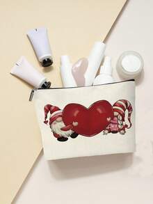 1 Pc A Pair Of Little Elves Holding A Heart Pattern Cosmetic Bag Valentine's Day Makeup Bag Perfect Gift For Family And Friends - Red and White - View 7