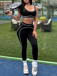 LovelyWholesale 女士撞色滚边露脐背心和紧身裤套装，适合健身和运动 - 黑色 - 查看 10