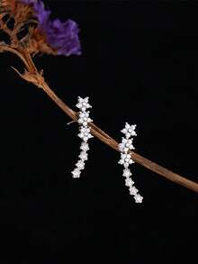 Rose Gold Rhinestone Flower Ear Climber | Crawler Earrings For Women - Silver - View 8