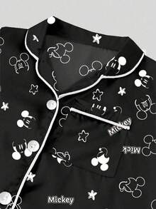 Disney Bộ đồ ngủ 2 mảnh in hình hoạt hình chuột  dành cho bé gái tuổi teen, kiểu dáng dễ thương, thoải mái, đa năng, tay ngắn, cạp chun, quần short, chất liệu mềm mại, thoáng khí như lụa, phù hợp mặc ở nhà trong mọi mùa. - màu đen - Xem 3