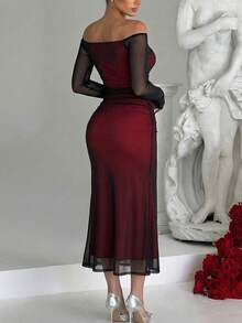 Vuslat 女士时尚纯色露肩修身喇叭袖长款连衣裙，优雅露肩网纱派对礼服，适合生日、情人节、毕业舞会、派对、夏季、春季、嘉年华、婚礼宾客等场合，优雅休闲，适合各种婚礼及活动，包括婚礼礼服、婚礼宾客礼服、奢华晚礼服和正式场合。 - 黑色 - 查看 2