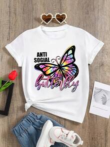 Girls' Casual Butterfly Print Round Neck Short Sleeve T-Shirt, Summer - White - View 1